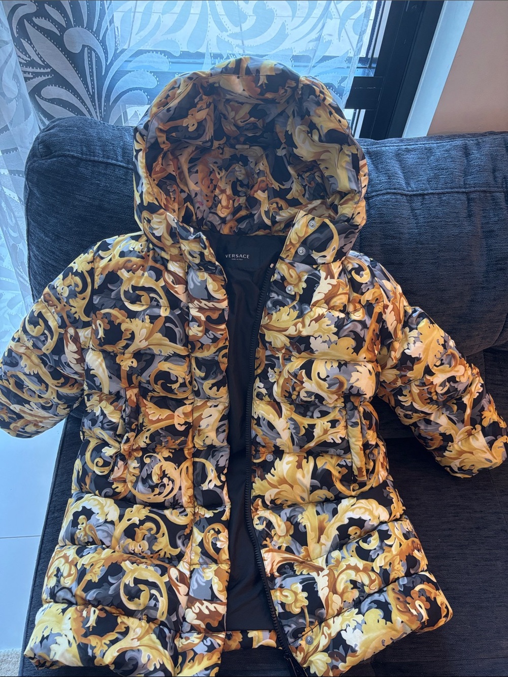 Versace Kids Black and Gold Baroque Hooded Puffer Coat  80% goose down